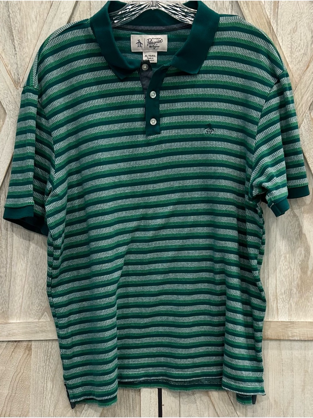 Original Penguin Shirt Men’s XL Green Striped Polo 100% Cotton Heritage Style